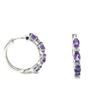 Sterling Silver Hoops Earrings with Genuine Amethyst and White topazes